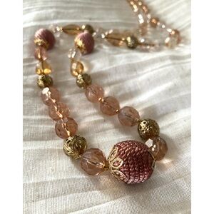 Vintage Beaded Necklace Satin-Wrapped Focal Beads Faceted Accents 34” Long